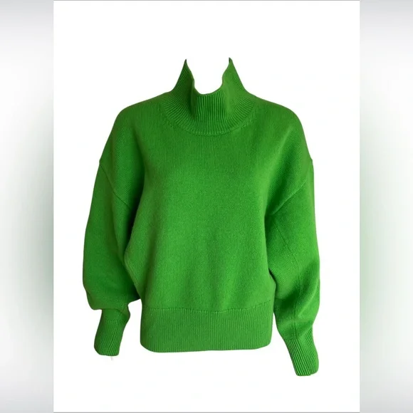 Cos Funnel Mock Neck Green Sweater Women's Size L 100% Wool Quiet Luxury Preppy - Picture 3 of 9